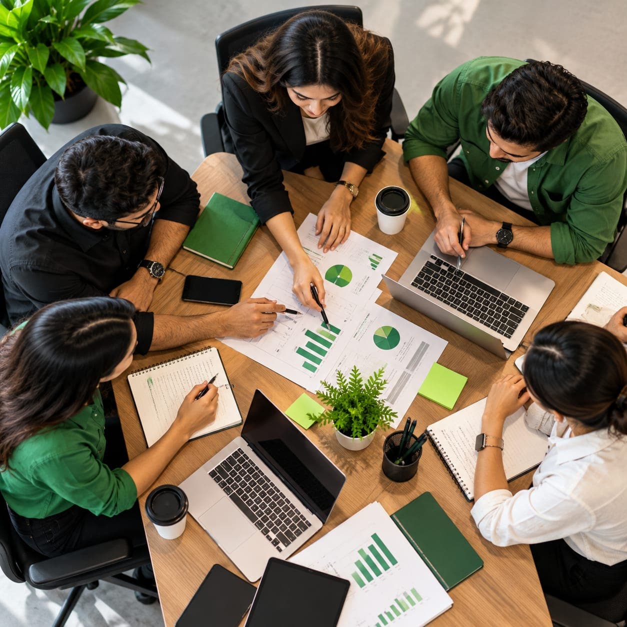 Top view of a team working together at a shared desk with laptops, charts and notebooks
