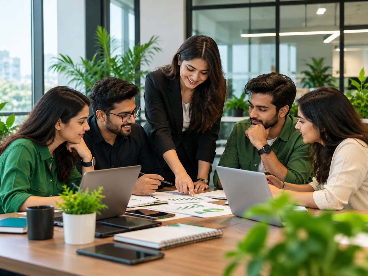 Team leaning over laptops and printed charts during a business strategy planning session